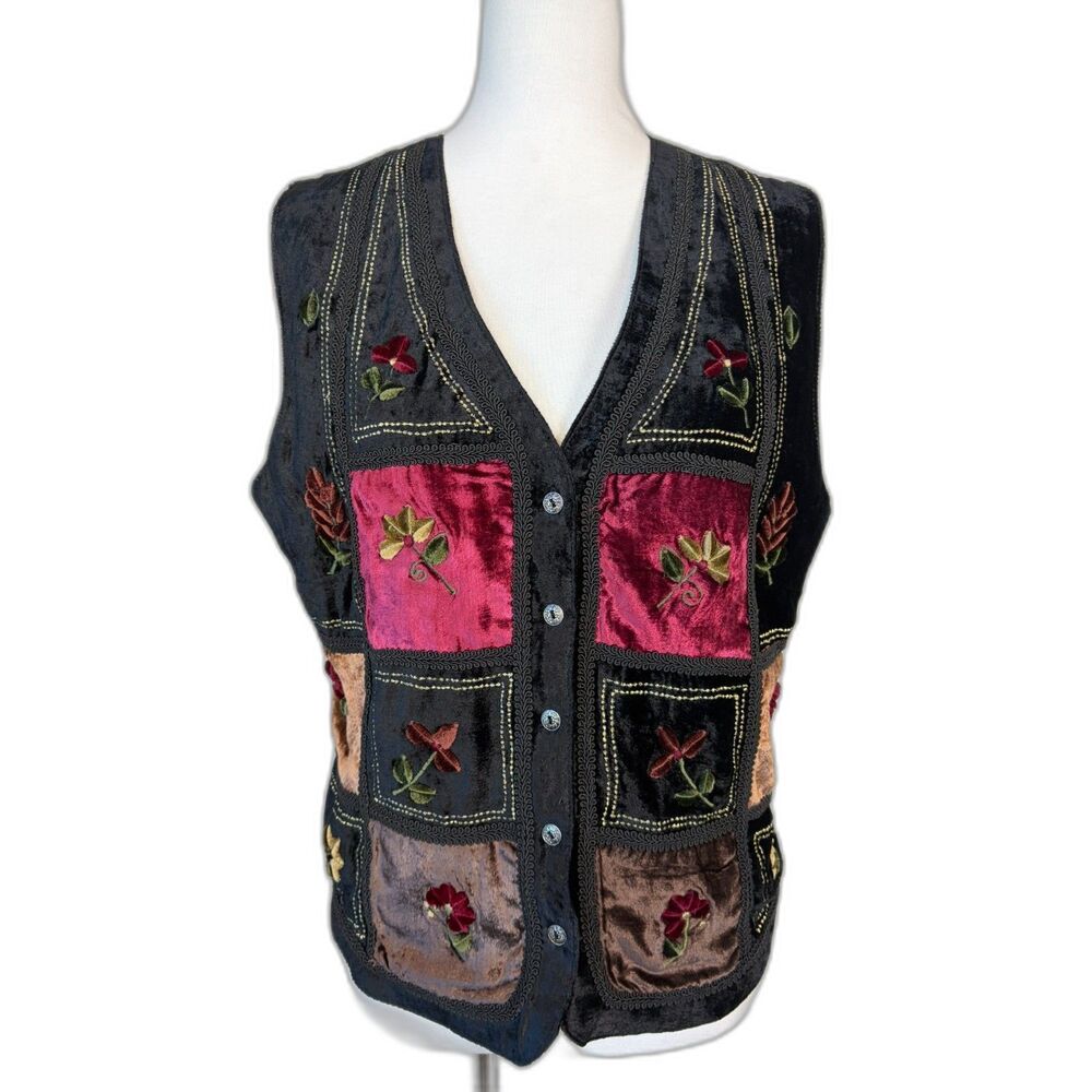 Vintage White Stag Velvet Patchwork Vest Size L Embroidered Whimsigoth Cottage